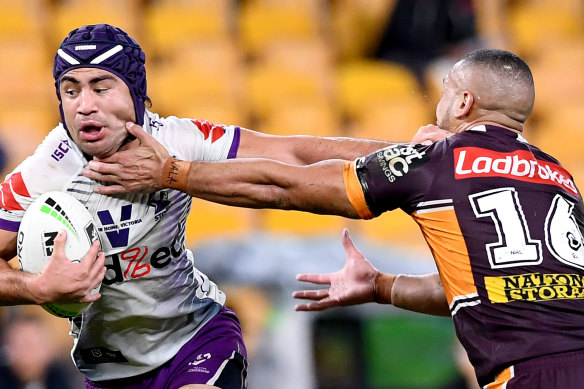 Storm halfback Jahrome Hughes helped himself to two tries against the Broncos on Friday night.