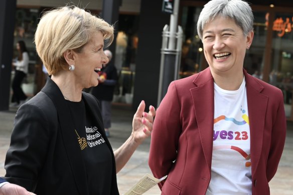 Penny Wong and former foreign minister Julie Bishop during a Voice referendum campaign event in Perth.