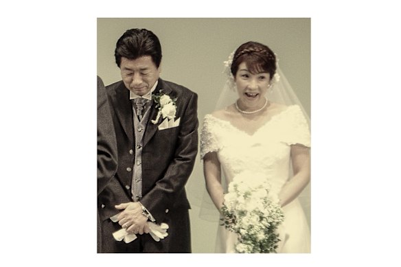 Takaichi at her first wedding to husband Taku Yamamoto. “My marriage came late at age 43,” she says on social media, in a post paying tribute to a constituent who made the “dreamlike offer” to design her dress. “I diligently did sit-ups right up until the day before the reception.”
