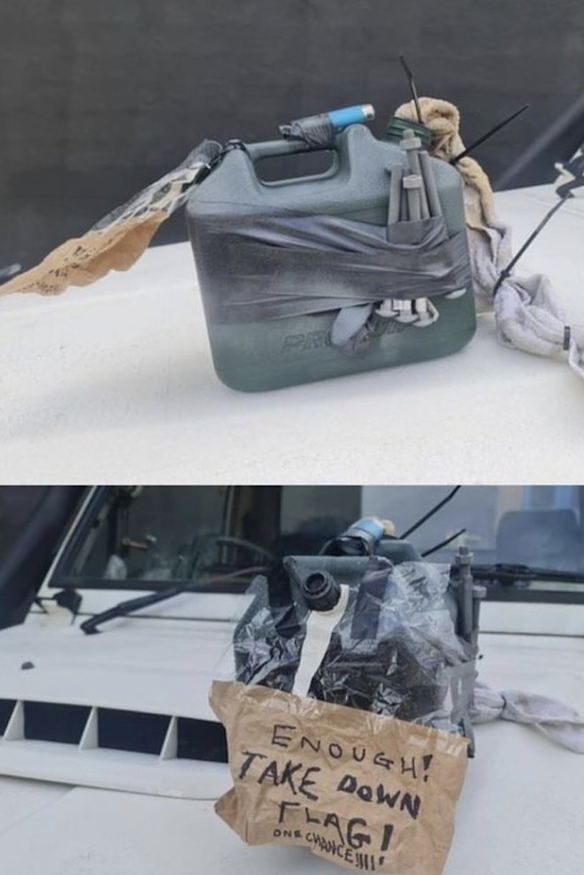 The placement of the inert bomb was allegedly followed by a threatening phone call, police say.