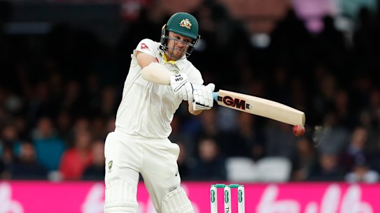 Travis Head bats on day five of the second Test at Lord's.