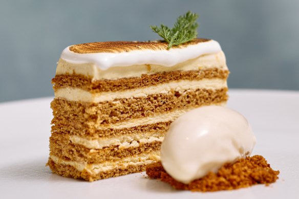 Urban honey cake with caramelised cream and croissant ice cream streusel.