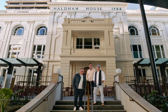 Paul Piticco, Denis Sheahan and Andrew Baturo outside Naldham House.