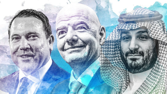 Football Australia chief executive James Johnson, FIFA president Gianni Infantino and Mohammed bin Salman, the Saudi Arabian Crown Prince.