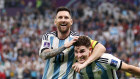 Julian Alvarez celebrates with Lionel Messi after scoring their side’s second goal in their World Cup semi-final.