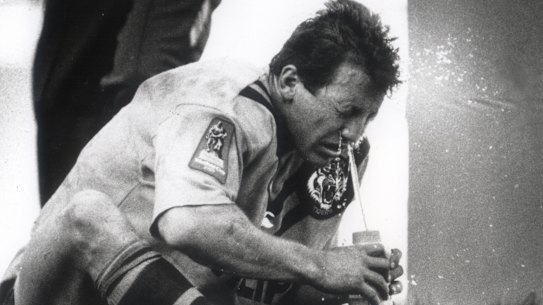 Shattered: Steve Roach after Balmain’s last gasp loss to the Raiders in 1989.