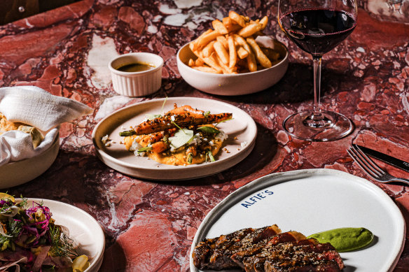 Alfie’s sirloin, fire-roasted baby carrots and hot chips