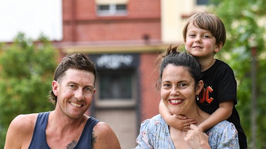 Construction worker Tom Shiels with Filamena Bruce and their children Charlie (3 years old) and Hattie (1 month).  