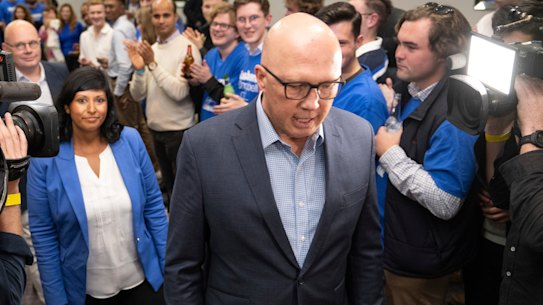 Liberal leader Peter Dutton and Roshena Campbell arrive to give the concession speech after losing the Aston byelection.