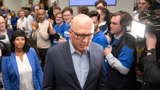 Liberal leader Peter Dutton and Roshena Campbell arrive to give the concession speech after losing the Aston byelection.