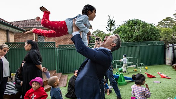 Jason Clare at Uniting Dove Cottage Early Learning, in Bankstown, western Sydney.

