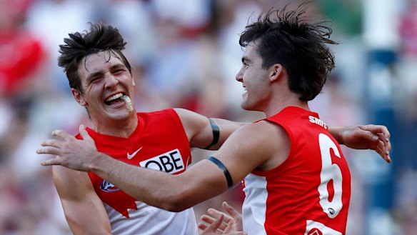 Logan McDonald joins in the celebrations after kicking a major.