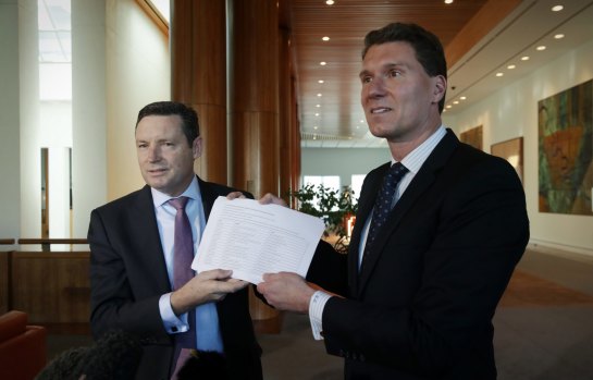 Lyle Shelton presents then-Senator Cory Bernardi with a petition during the same-sex marriage survey in 2017.