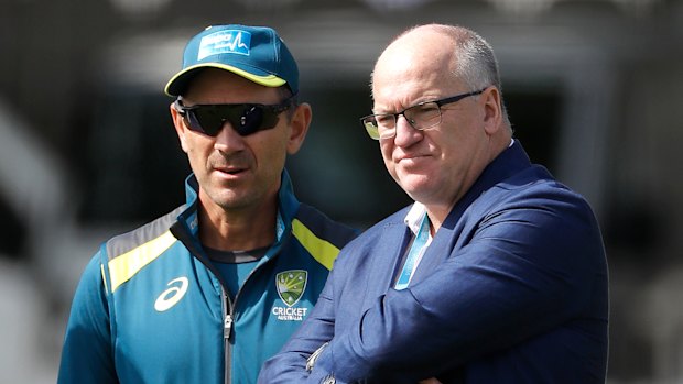 Former Cricket Australia chairman Earl Eddings with Justin Langer on the Ashes tour in 2019.