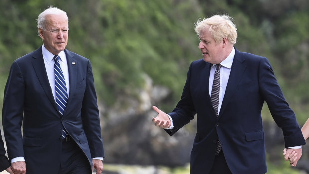 US President Joe Biden talks with Prime Minister Boris Johnson in Carbis Bay, Cornwall, Britain, ahead of the G7 summit.