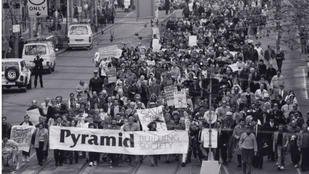 A demonstration in Bourke Street, Melbourne over the collapse of the Pyramid Building Society