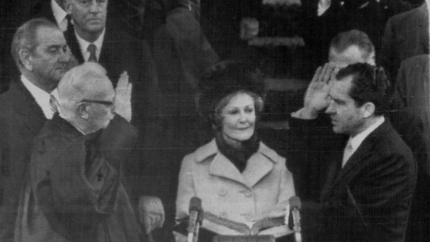 Richard Nixon takes the oath of office as the thirty-seventh President of the United States.