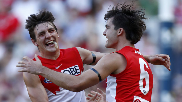 Logan McDonald joins in the celebrations after kicking a major.