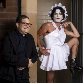 Director of the Sydney Festival, Wesley Enoch, with artist Josh Quong Tart dressed as Betty Blokk-Buster.