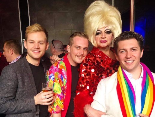 ‘Heartbroken’ at her passing: Comedian Joel Creasey, left, and friends with Miss Candee.