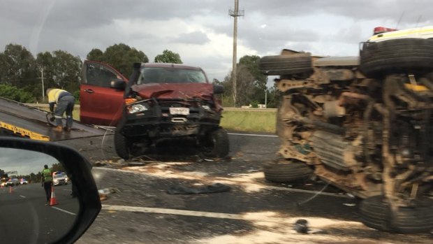 The Bruce Highway was closed southbound after a two-vehicle smash at Bald Hills.