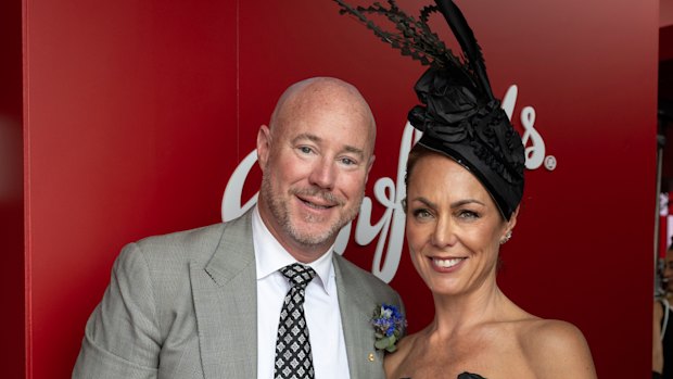 Luke and Cate Sayers at Derby Day in Melbourne in 2024, shortly before the lewd photo scandal erupted.