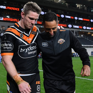Chris Lawrence and Benji Marshall in their last game together for the Tigers last year.