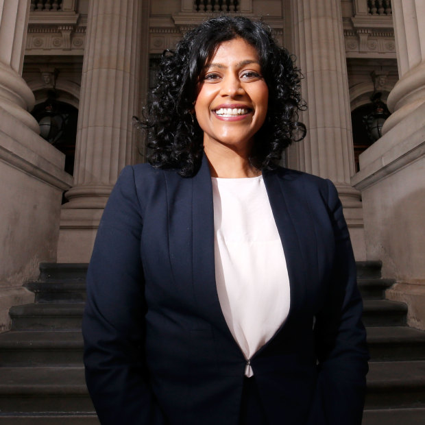 Samantha Ratnam on the steps of parliament in October 2017 after she became leader of the Victorian Greens.