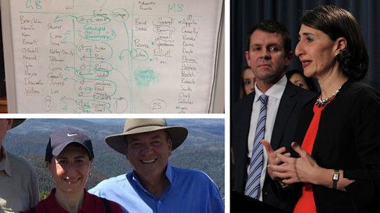 Clockwise from top-left: The whiteboard in Gladys Berejiklian’s office in 2014; Mike Baird and Gladys Berejiklian voted in unopposed in 2014; Berejiklian pictured with Daryl Maguire in 2015. 16x9