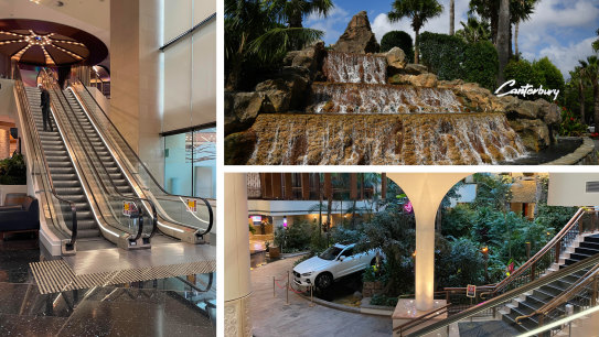 Clockwise from left: Prospective punters can ride Canterbury League Club’s “stairway to heaven”; the club’s water feature greets visitors at the entrance; Aan $87,000 Volvo, a prize in a lottery, sits among fake greenery in the atrium.