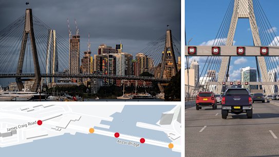 Drivers on Sydney’s Anzac Bridge will soon be confronted with five giant gantries and speed signs spanning all eight lanes under Transport for NSW plans