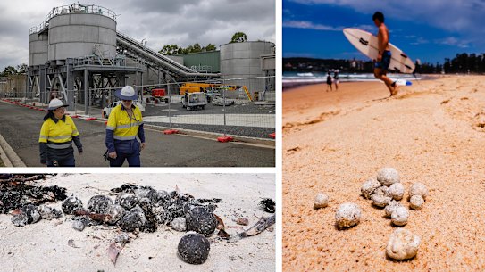 No sentido horário, a partir de cima: A capacidade da instalação de processamento de biossólidos será aumentada na instalação de recuperação de recursos hídricos de Glenfield, na Sydney Water; Nove praias de Manly a North Narrabeen foram fechadas em janeiro de 2025 depois que detritos em forma de bola potencialmente perigosos foram encontrados; Bolas pretas chegaram à costa em Gordons Bay, em Sydney, em outubro de 2024.