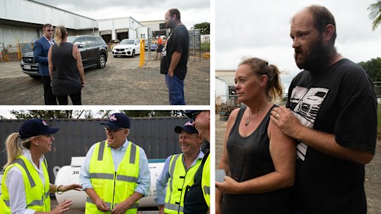 Marcus and Leonie Bebb who have lost their house in Lismore waited outside the Norco factory where the Prime Minister, Scott Morrison, was having a tour.