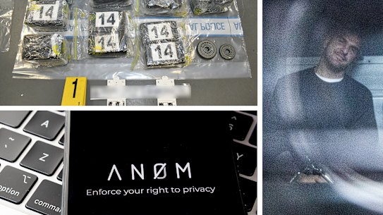 Clockwise from top left: AFP seize 160 kilograms of cocaine during Operation Ironside in late May 2021; Mark Buddle in a prison vehicle leaving the Melbourne Magistrates’ Court earlier this month; ANOM app logo