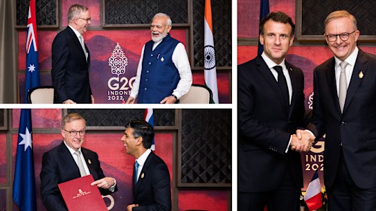 Anthony Albanese met French President Emmanuel Macron on the sidelines of the G20 summit in Bali on Wednesday before meetings with Indian Prime Minister Narendra Modi and new British Prime Minister Rishi Sunak.