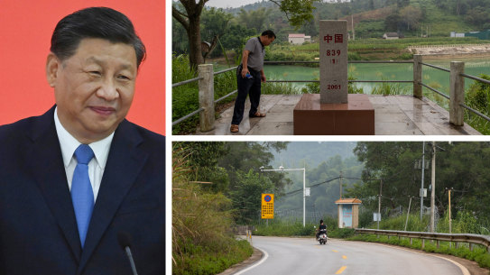 Composite: Xi Jinping, China-Vietnam border in Detian Village
