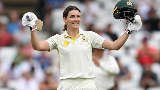 Annabel Sutherland celebrates reaching her century during day two of the Women’s Ashes Test match at Trent Bridge in Nottingham.