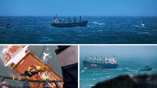Tugboat crew lauded after cargo ship rescue near Sydney