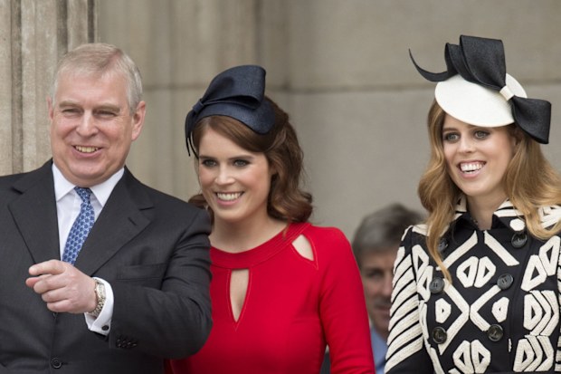 Andrew Mountbatten-Windsor with Princess Beatrice and Princess Eugenie at a National Service of Thanksgiving as part of the 90th birthday celebrations for The Queen at St Paul's Cathedral on June 10, 2016 in London, England.