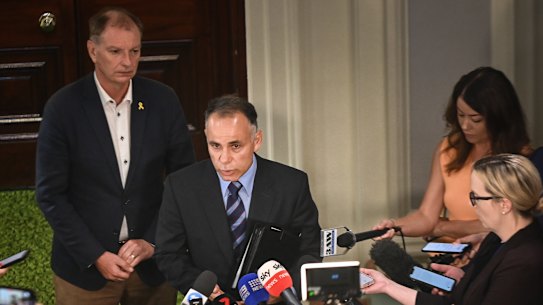 John Pesutto speaking after last week’s party room meeting to vote on the readmission of Moira Deeming to the Liberal Party.