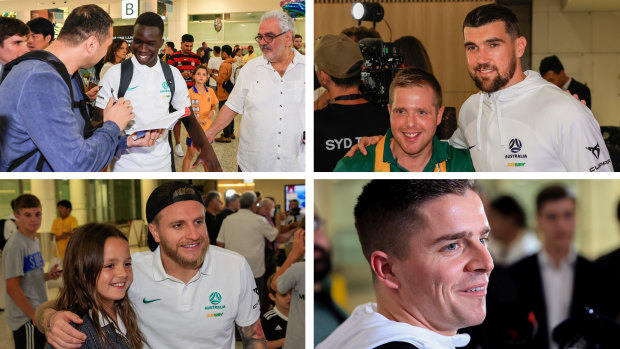 Family and fans turned up at Sydney Airport on Monday night to welcome back the Socceroos.