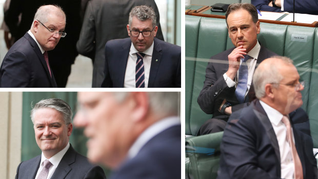 Former prime minister Scott Morrison took on the portfolios of then-health minister Greg Hunt (right), then-finance minister Mathias Cormann (bottom-left) and then resources minister Keith Pitt without publicly announcing his decision to the Australian public.