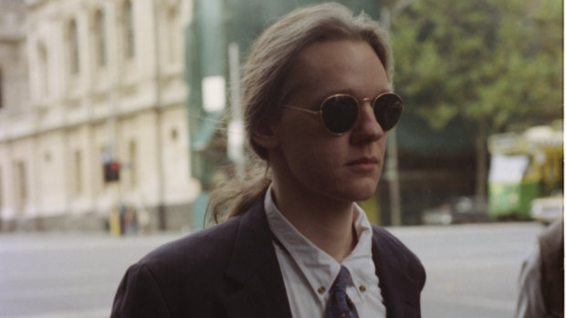 Young hacker: Julian Assange outside court  in 1995 after being accused of hacking into global computer systems.