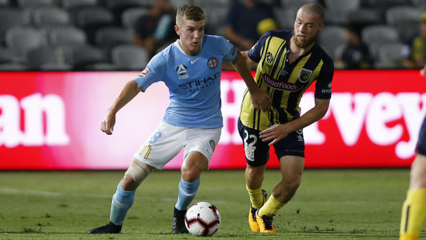 City's Riley McGree contests with Jacob Melling of the Mariners.