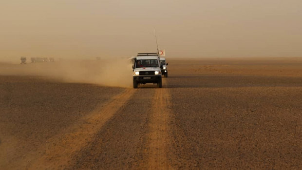 A convoy of Syrian Arab Red Crescent vehicles heading to Rukban camp, near the Jordan-Syria border, on Sunday.