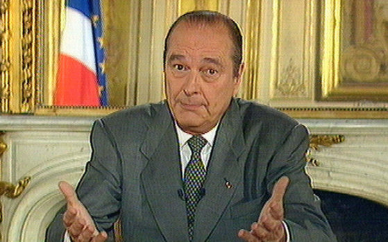 Hoping to salvage political victory from a surprise election setback, Jacques Chirac appears on TV on May 27, 1997.