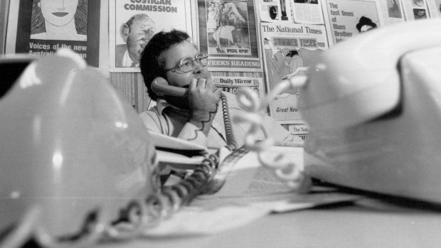 Journalist Brian Toohey in his National Times office in 1984.