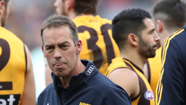 Hawks coach Alastair Clarkson looks on during the quarter-time break during the Round 21 AFL match between the Hawthorn Hawks and the Geelong Cats.