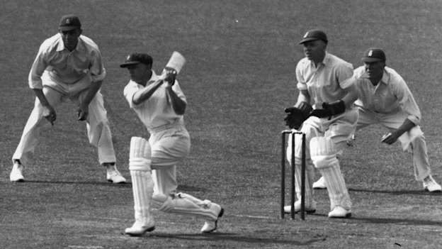 Don Bradman bats for Australia against England in 1930.