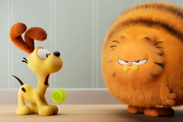Odie and Garfield (voiced by Chris Pratt) in The Garfield Movie.